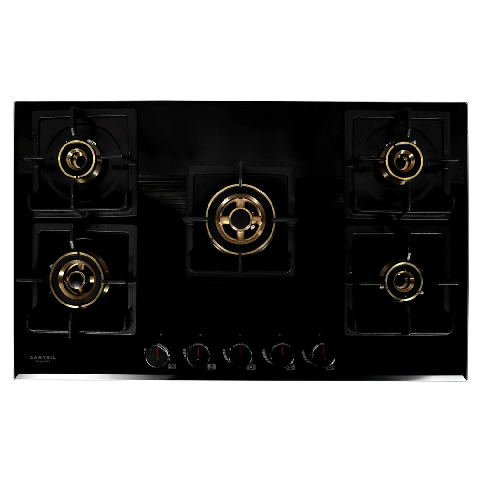 Carysil Tek Plus 90cm Built-In Glass Hob – 5 Brass Burners, FFD Safety Device, Square Cast Iron Pan Support, Battery Ignition, 8mm Tempered Glass, Designer Metal Knobs-5