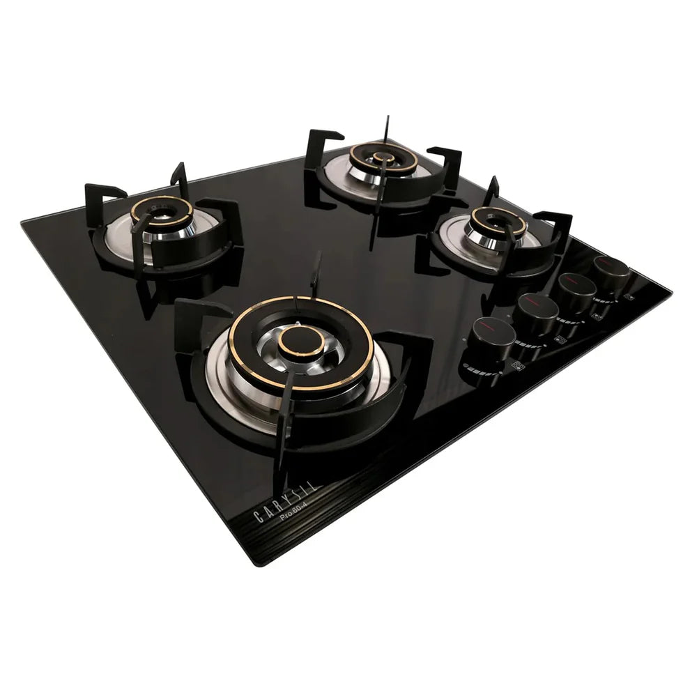 Carysil Pro 60cm Built-In Glass Hob – 4 Brass Burners, Triple Ring Burner, Cast Iron Pan Support, Battery Ignition, 8mm Tempered Glass, Stainless Steel Drip Tray-3