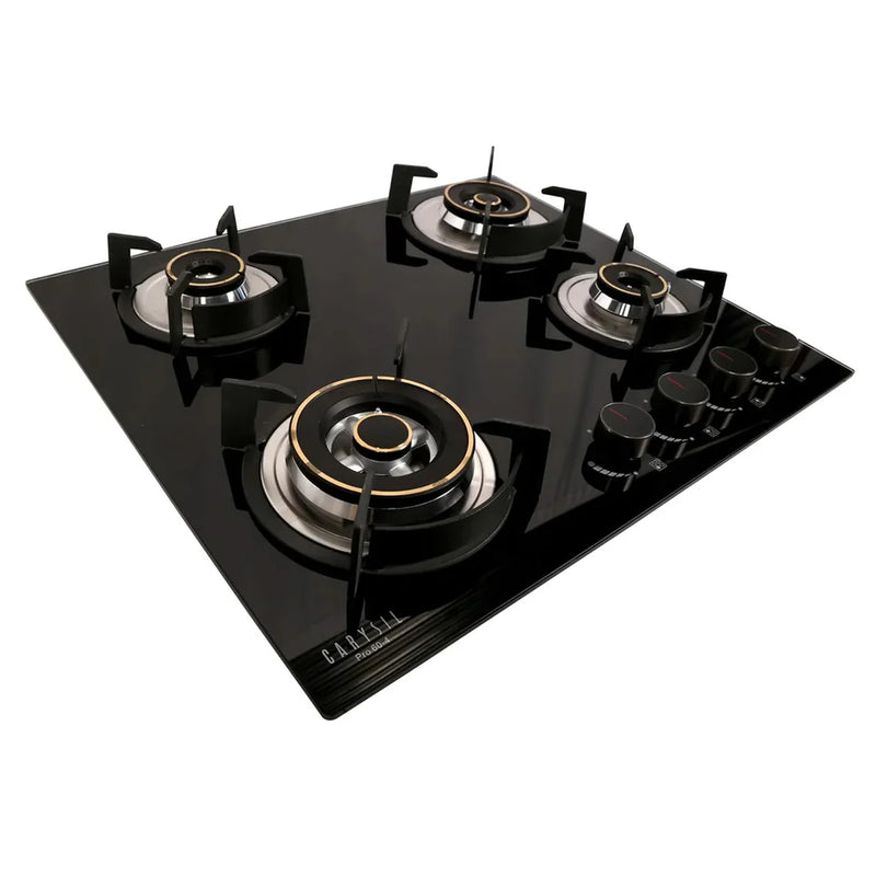 Carysil Pro 60cm Built-In Glass Hob – 4 Brass Burners, Triple Ring Burner, Cast Iron Pan Support, Battery Ignition, 8mm Tempered Glass, Stainless Steel Drip Tray-3