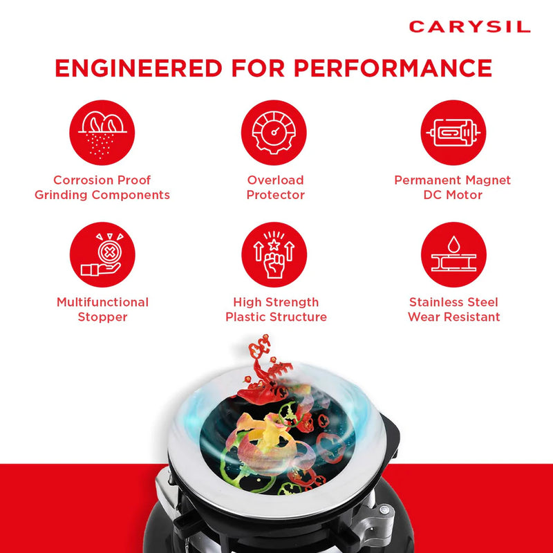 Carysil Food Waste Disposer 3/4 HP Standard – Kitchen Sink Garbage Disposal with 2500 RPM DC Motor | Low Noise | Stainless Steel Grinding | Ideal for 2–6 Members-8