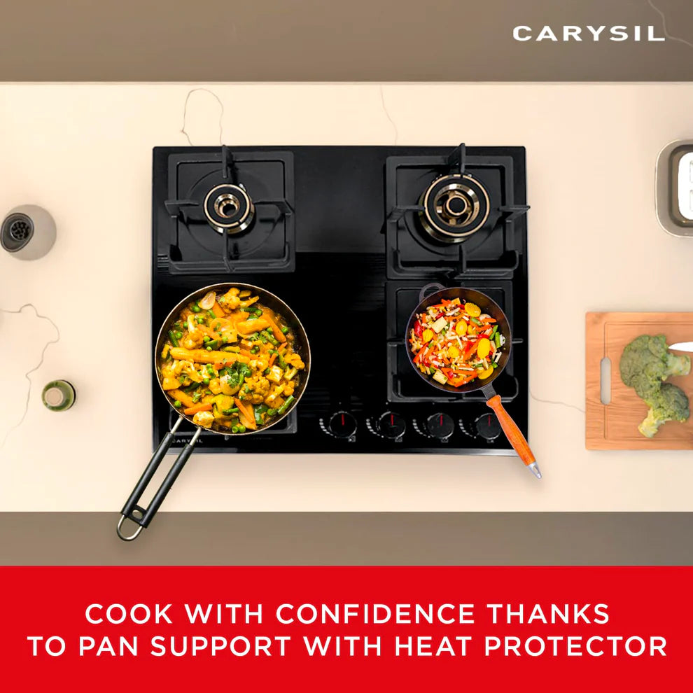 Carysil Tek Plus 60cm Built-In Glass Hob – 4 Brass Burners, FFD Safety Device, Square Cast Iron Pan Support, Battery Ignition, 8mm Tempered Glass, Designer Metal Knobs-5