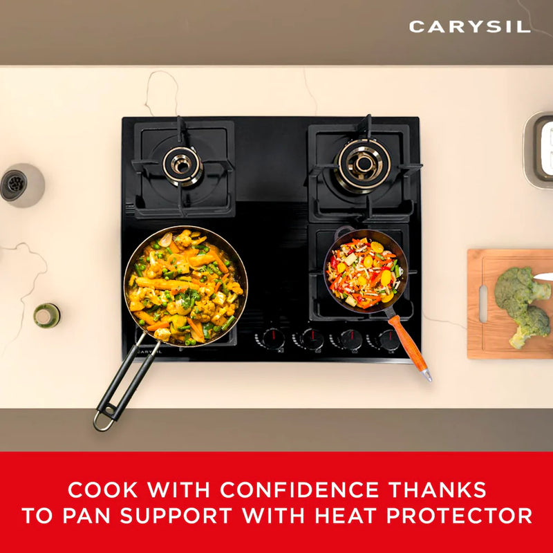 Carysil Tek Plus 60cm Built-In Glass Hob – 4 Brass Burners, FFD Safety Device, Square Cast Iron Pan Support, Battery Ignition, 8mm Tempered Glass, Designer Metal Knobs-5