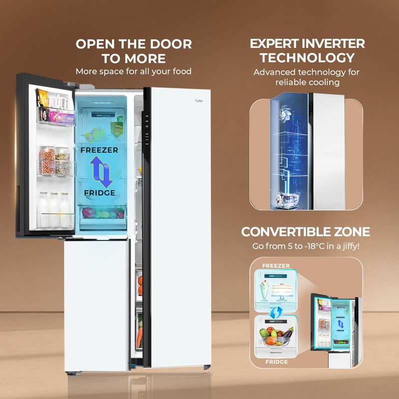 Haier 598L 3 Star Pearl White Glass 3 Door Smart Convertible Side-by-Side Refrigerator | HRT-683PWGU1-6