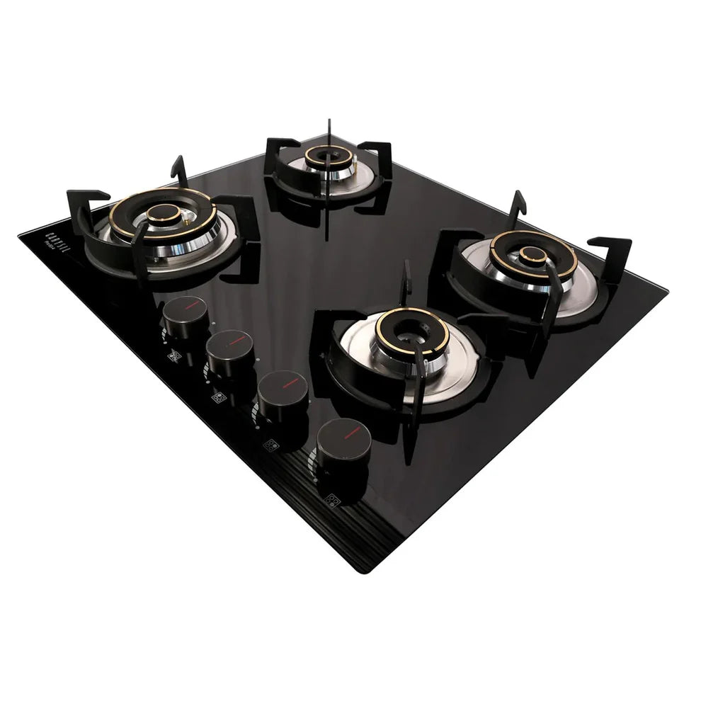Carysil Pro 60cm Built-In Glass Hob – 4 Brass Burners, Triple Ring Burner, Cast Iron Pan Support, Battery Ignition, 8mm Tempered Glass, Stainless Steel Drip Tray