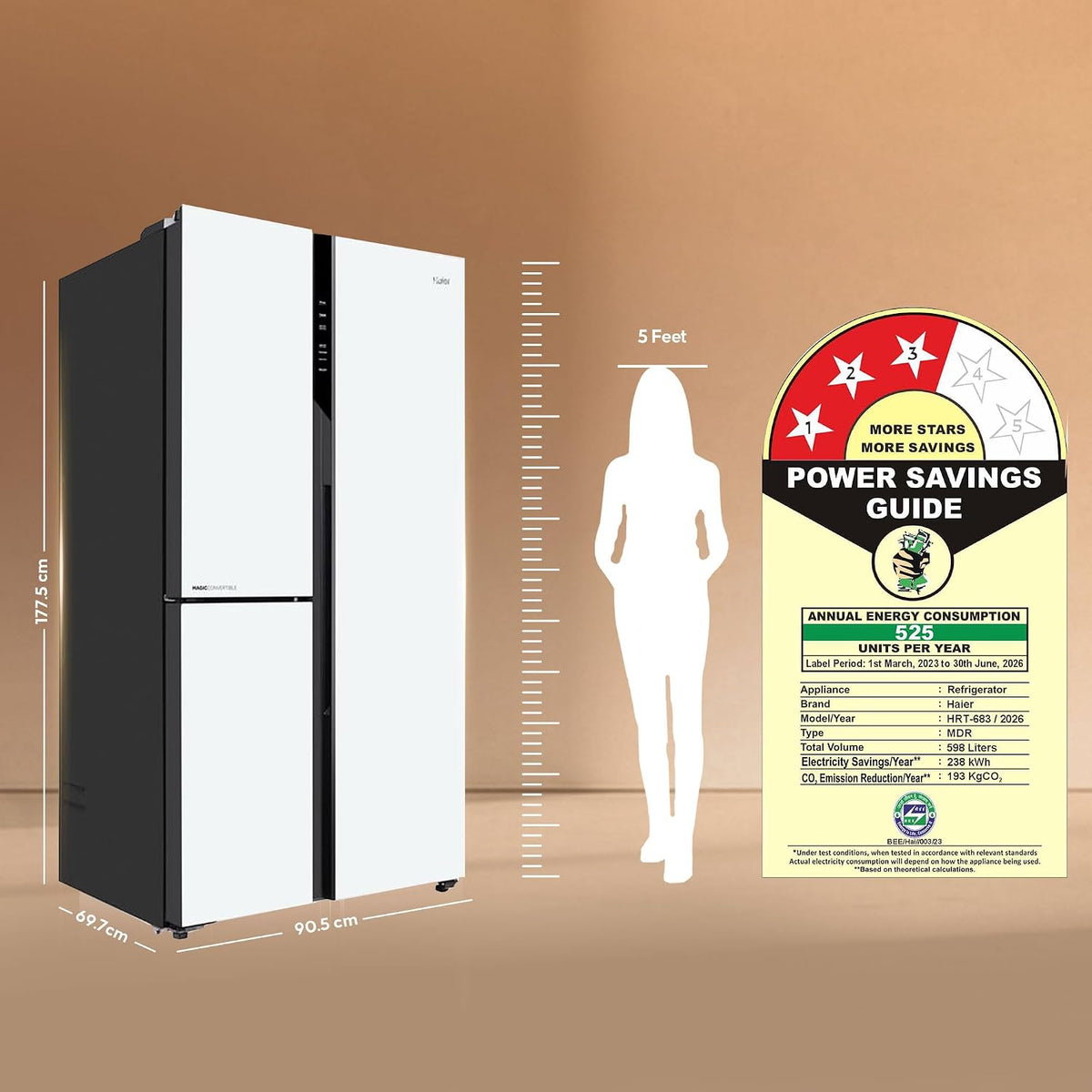 Haier 598L 3 Star Pearl White Glass 3 Door Smart Convertible Side-by-Side Refrigerator | HRT-683PWGU1-3