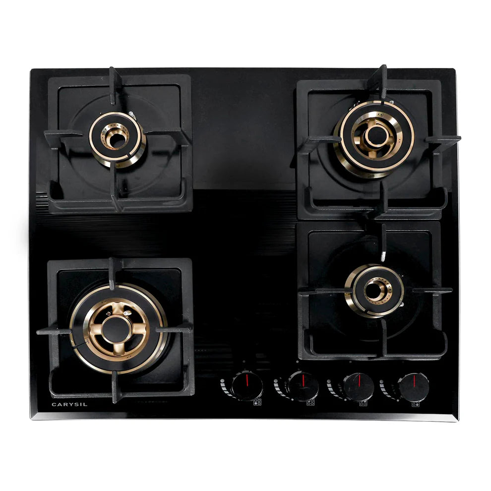 Carysil Tek Plus 60cm Built-In Glass Hob – 4 Brass Burners, FFD Safety Device, Square Cast Iron Pan Support, Battery Ignition, 8mm Tempered Glass, Designer Metal Knobs-4