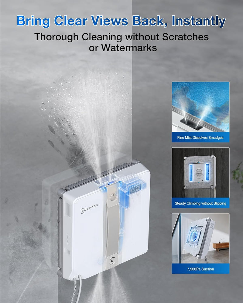 ECOVACS WINBOT MINI Robotic Window Cleaner (7500Pa Suction, Ultra-Compact Design, Ultrasonic Spray, 9-Stage Safety, App Control, Edge Cleaning Technology)-7