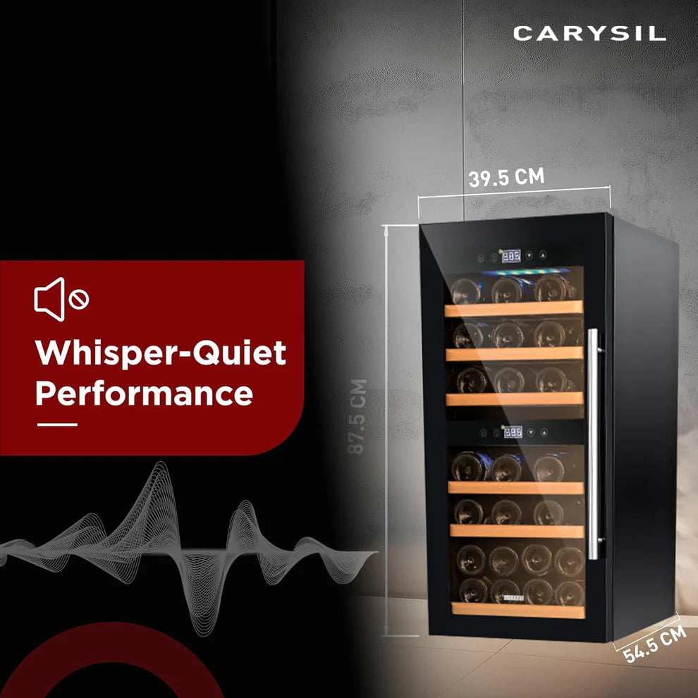Carysil Wine Chiller – 24 Bottles, Dual Zone Cooling (3°C–20°C), Free Standing Wine Cooler with LED Display, Wooden Shelves & Toughened Glass Door-5