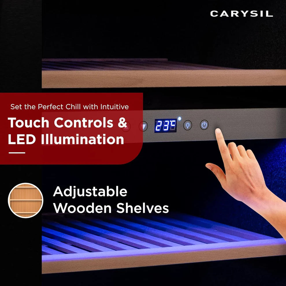 Carysil Wine Chiller – 24 Bottles, Dual Zone Cooling (3°C–20°C), Free Standing Wine Cooler with LED Display, Wooden Shelves & Toughened Glass Door-6