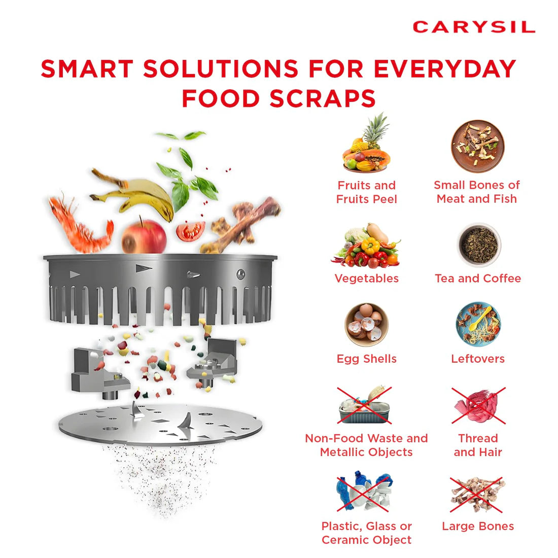 Carysil Food Waste Disposer 3/4 HP Standard – Kitchen Sink Garbage Disposal with 2500 RPM DC Motor | Low Noise | Stainless Steel Grinding | Ideal for 2–6 Members-6