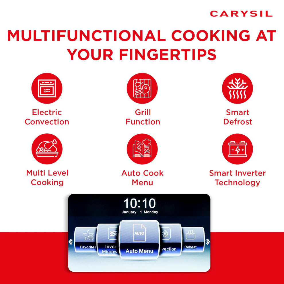 Carysil Built-In Microwave MWO-01 – 25L Capacity, Microwave + Grill + Convection, Touch Control LED Display, 10 Auto Cook Menu, Multi-Stage Cooking, Stainless Steel Black Finish-5