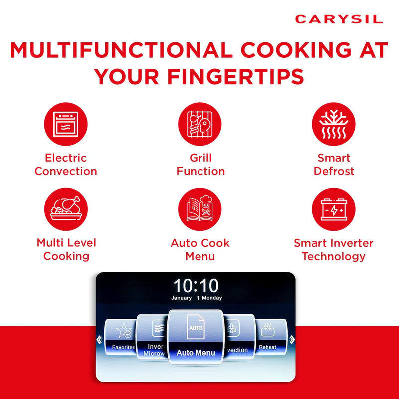 Carysil Built-In Microwave MWO-02 – 25L Capacity, Soft Button Control, Microwave + Grill + Convection, 10 Auto Cook Menu, Multi-Stage Cooking, Stainless Steel Black Finish-5