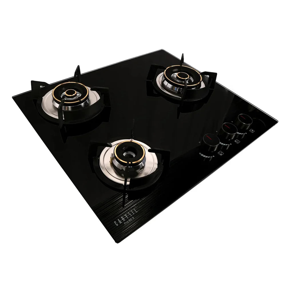 Carysil Pro 75cm Built-In Glass Hob – 3 Brass Burners, Triple Ring Burner, Cast Iron Pan Support, Battery Ignition, 8mm Tempered Glass, Stainless Steel Drip Tray-3
