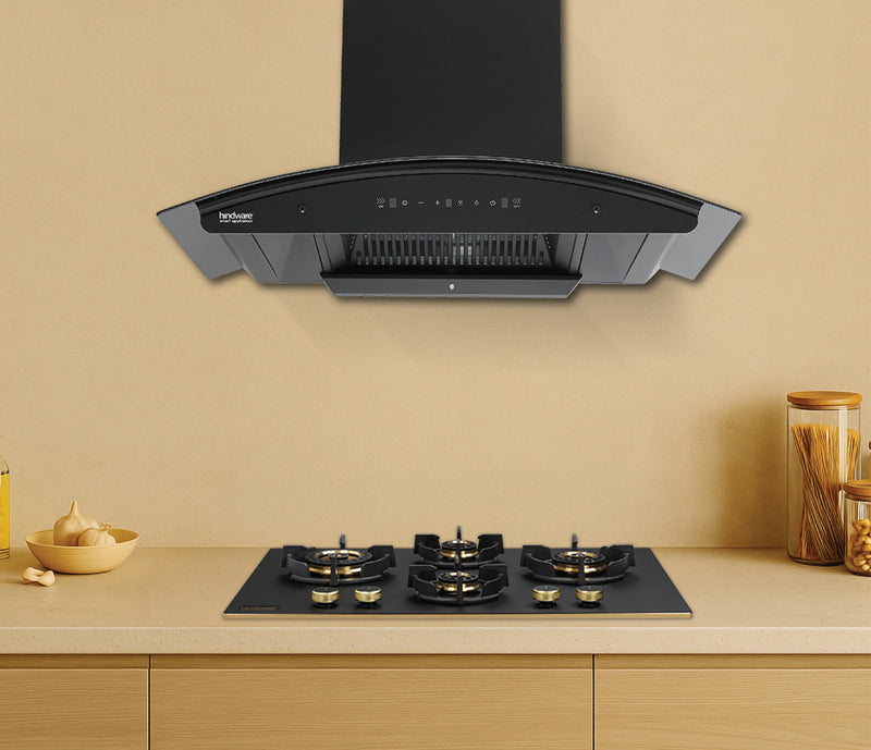Hindware Zinnia BLK Autoclean Chimney | 90/75/60 cm | Motion Sensor & Touch Control, Filterless, Auto Clean, 1350 m³/h Suction, MaxX Silence Technology, Black-1