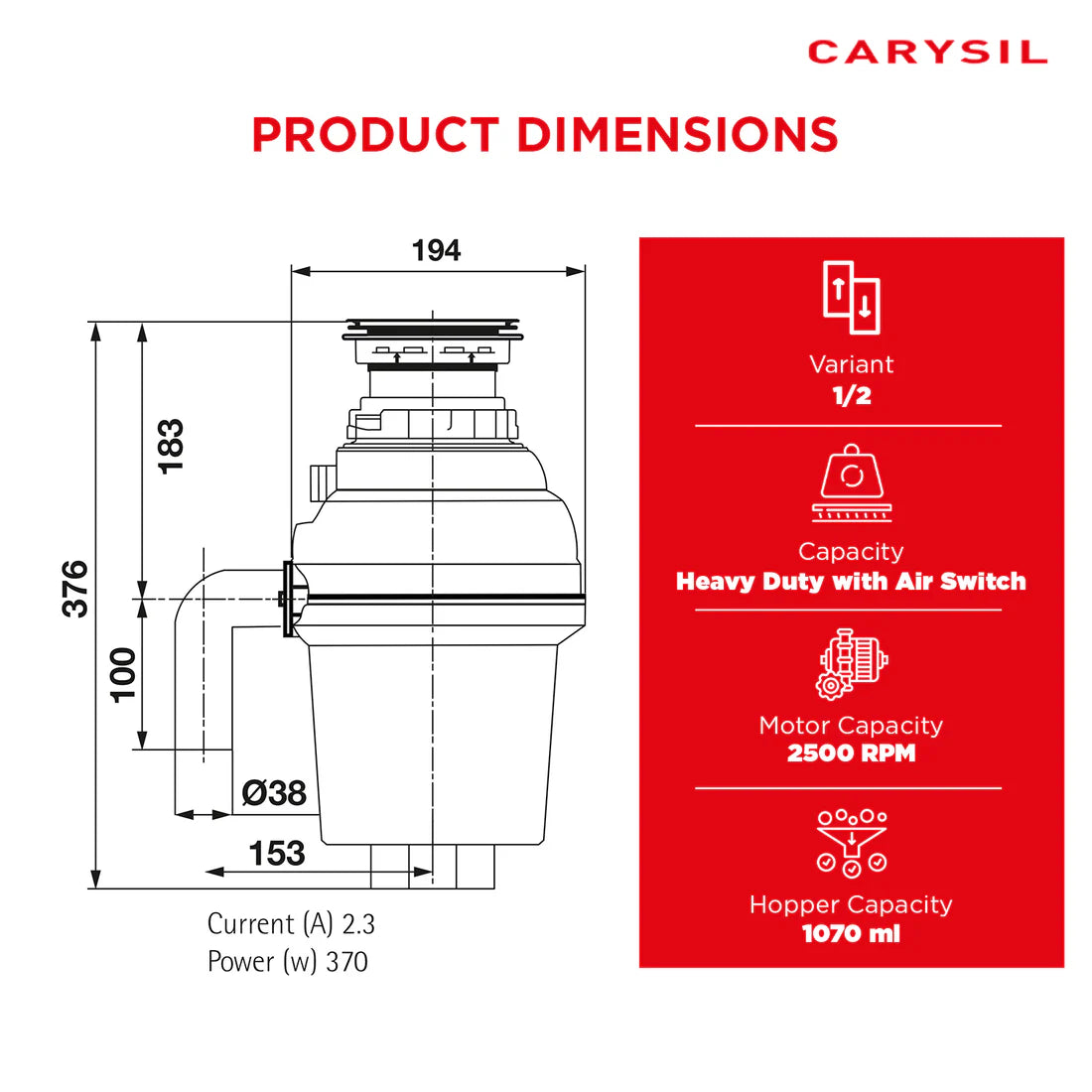 Carysil Food Waste Disposer 1/2 HP with Air Switch – Kitchen Sink Garbage Disposal with 2500 RPM DC Motor | Low Noise | Stainless Steel Grinding | Ideal for 5–7 Members-9