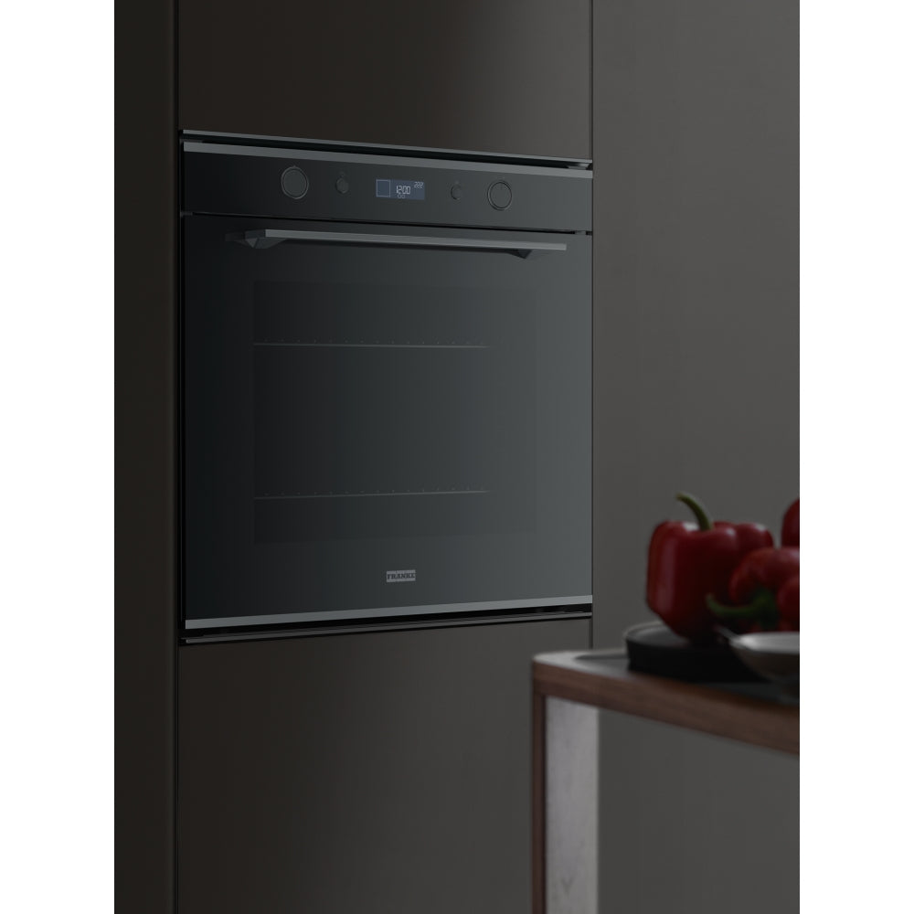 Franke Mythos FMY 98 P BK Built-in Pyrolytic Oven (73L, Black Glass, A+ Energy, 10 Functions, LCD Display, Self-Cleaning, Soft Close Door)