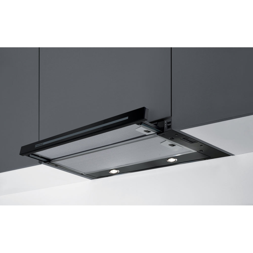 Franke FSM 601 BK/GL Pull-Out Kitchen Hood (60cm, Black Glass, 380 m³/h, LED Lights, Aluminium Filter, Compact Built-In Design)