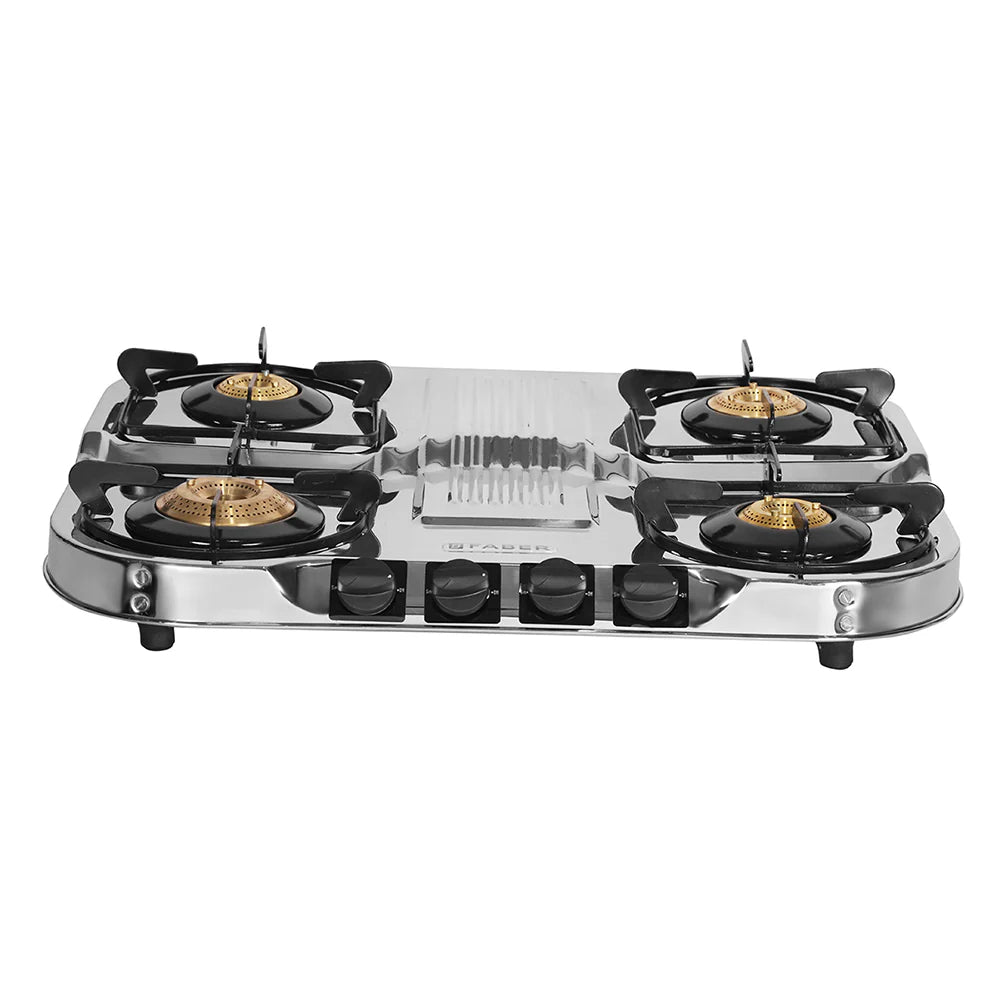 Faber Cooktop Astra 4BB SS – 4 Burner Gas Cooktop with Brass Burners, Super Jumbo Burner, Stainless Steel Finish, Manual Ignition