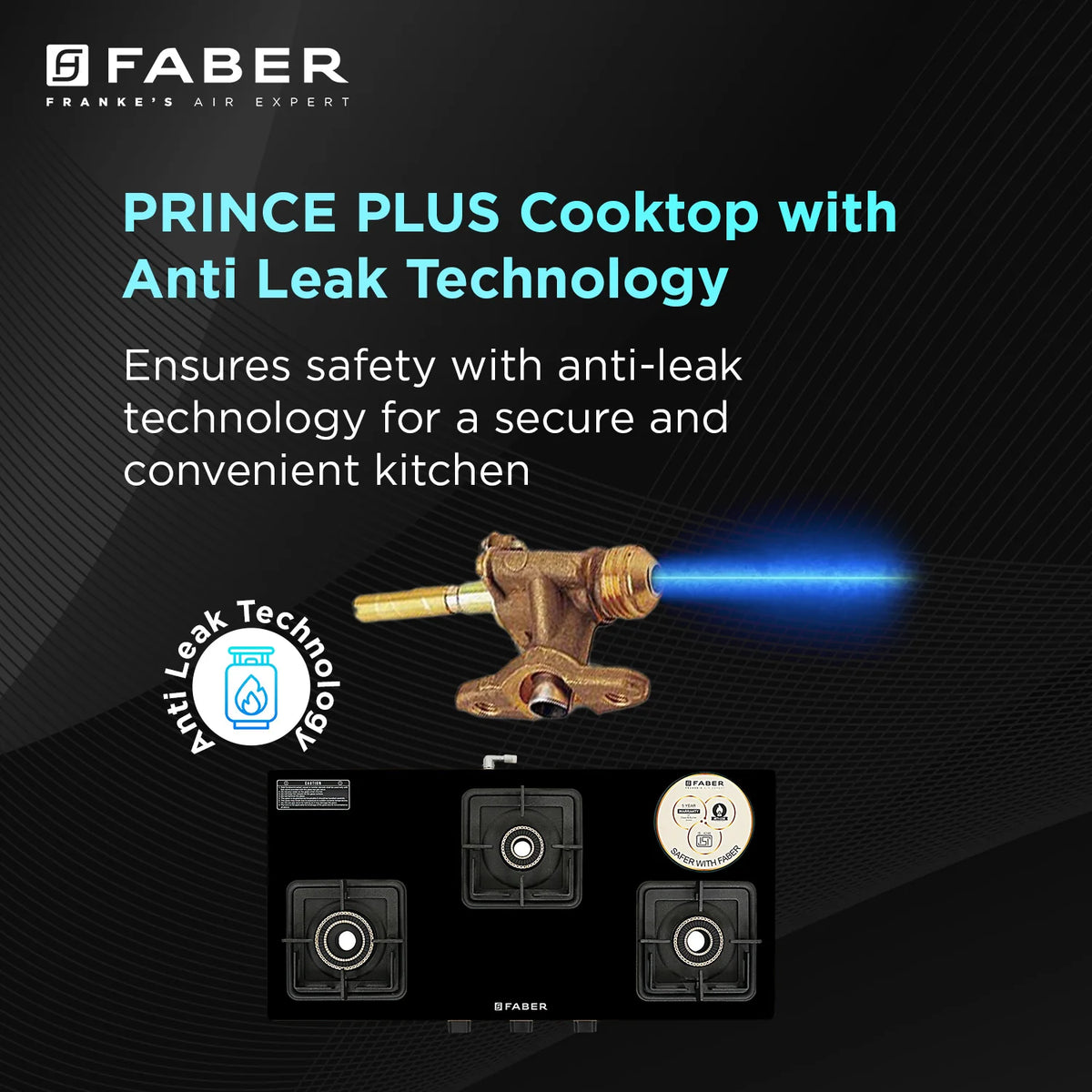 Faber HOB COOKTOP Prince Plus 3BB BK – 77cm 3 Burner Gas Cooktop with Jumbo Burner, Toughened Black Glass, Brass Burners