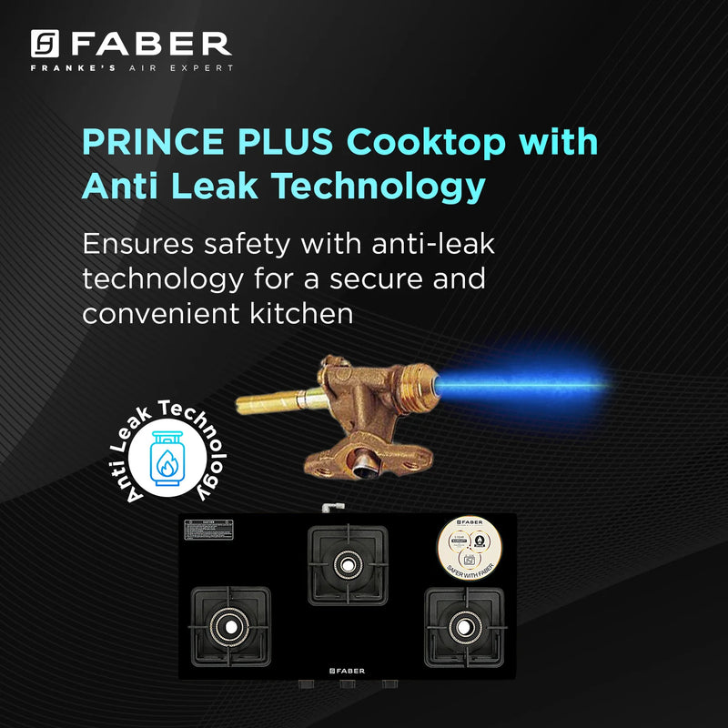 Faber HOB COOKTOP Prince Plus 3BB BK – 77cm 3 Burner Gas Cooktop with Jumbo Burner, Toughened Black Glass, Brass Burners-2