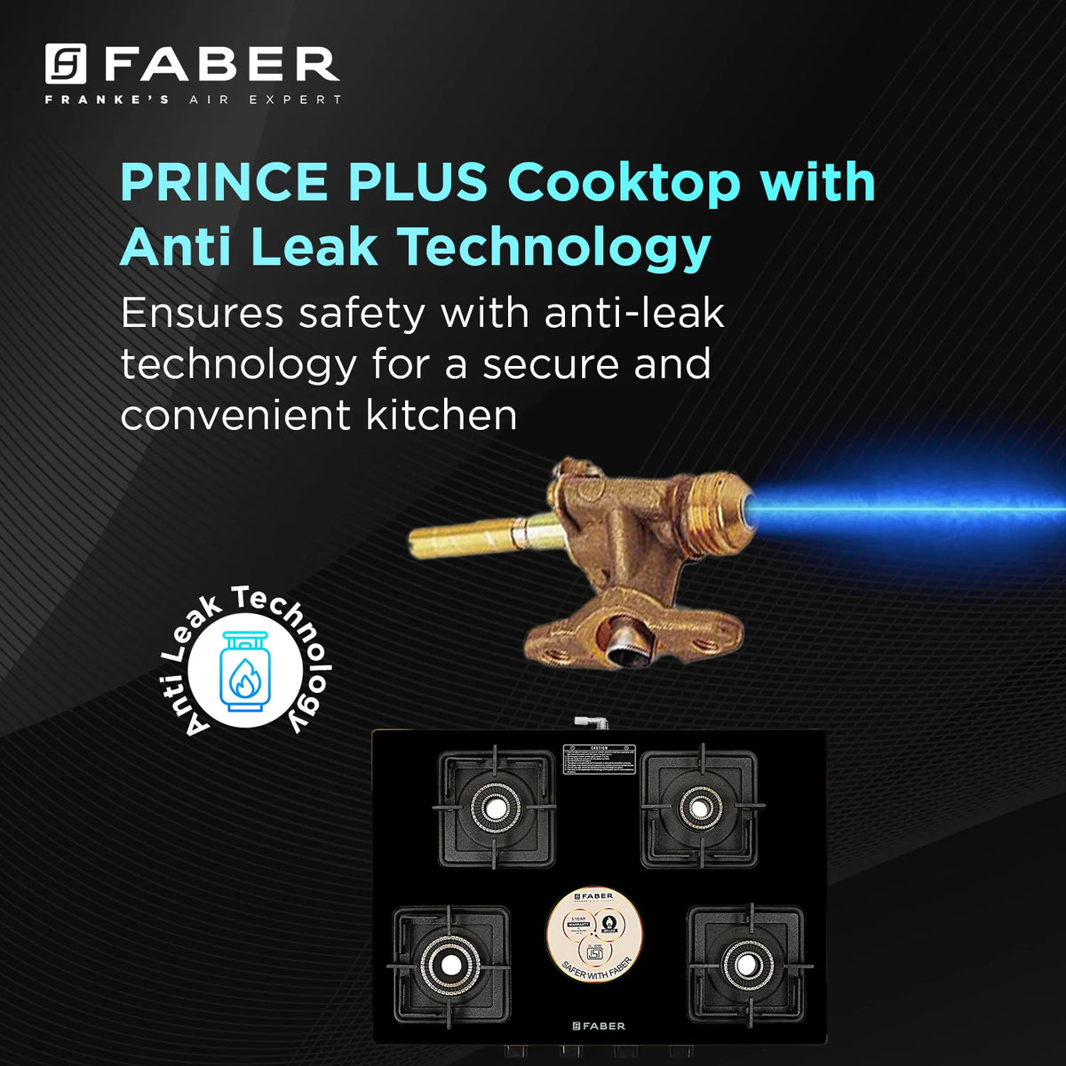 Faber HOB COOKTOP Prince Plus 4BB BK – 4 Burner Gas Cooktop with Brass Burners, Jumbo Burner, Diamond Coated Finish-8