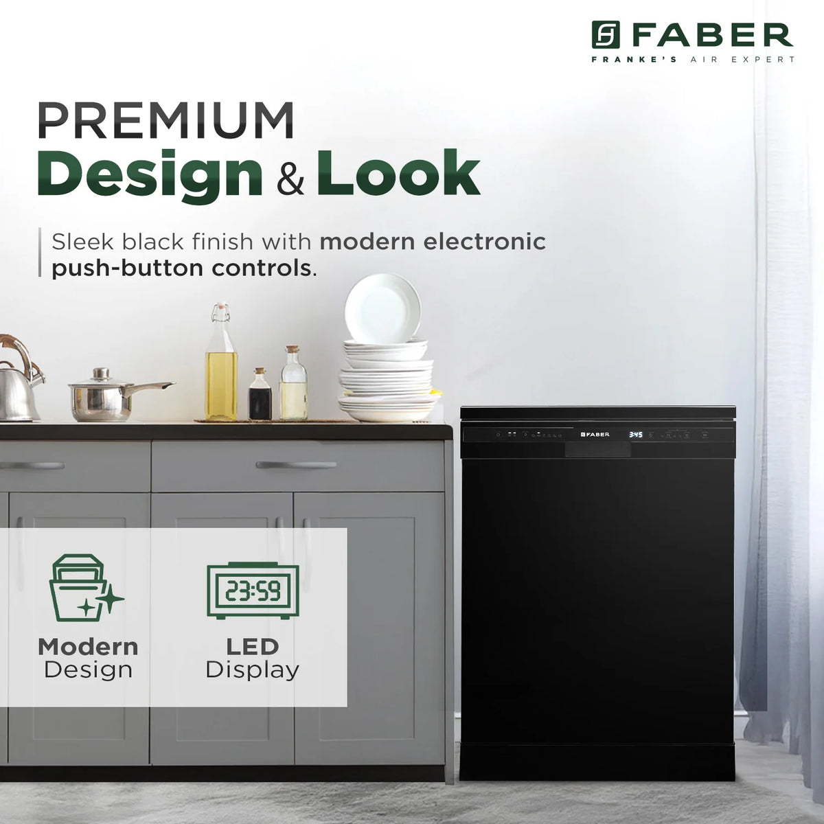 Faber FFSD 6PR 12S Neo BK Freestanding Dishwasher – 12 Place Settings, 6 Wash Programs, Neo Black Finish, Half Load, LED Display-6