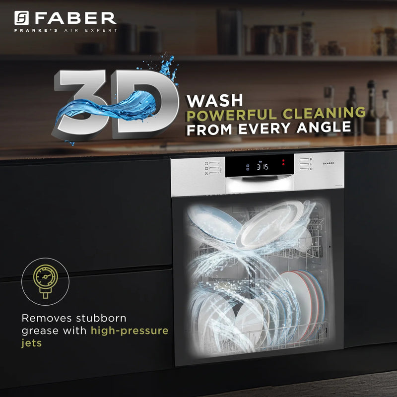 Faber FSID 8PR 14S Semi-Integrated Built-in Dishwasher – 14 Place Settings, 8 Wash Programs, Stainless Steel Finish, LED Display-8