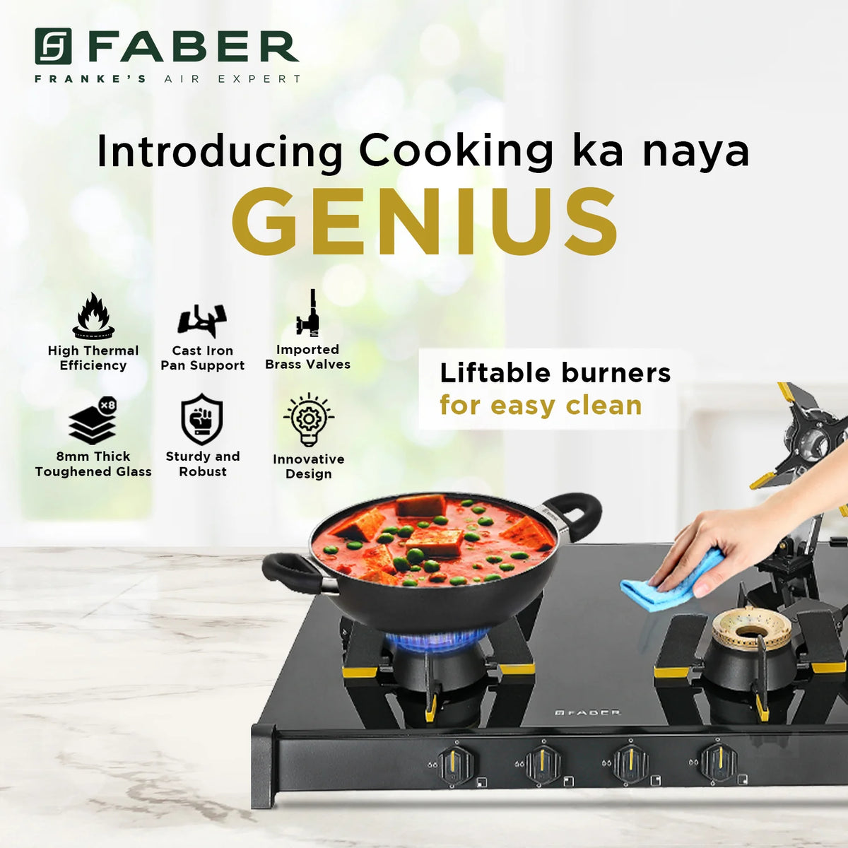 Faber HOB COOKTOP GENIUS 704 BK – 70cm 4 Burner Gas Hob, Brass Burners, Manual Ignition, Black Glass Finish-4
