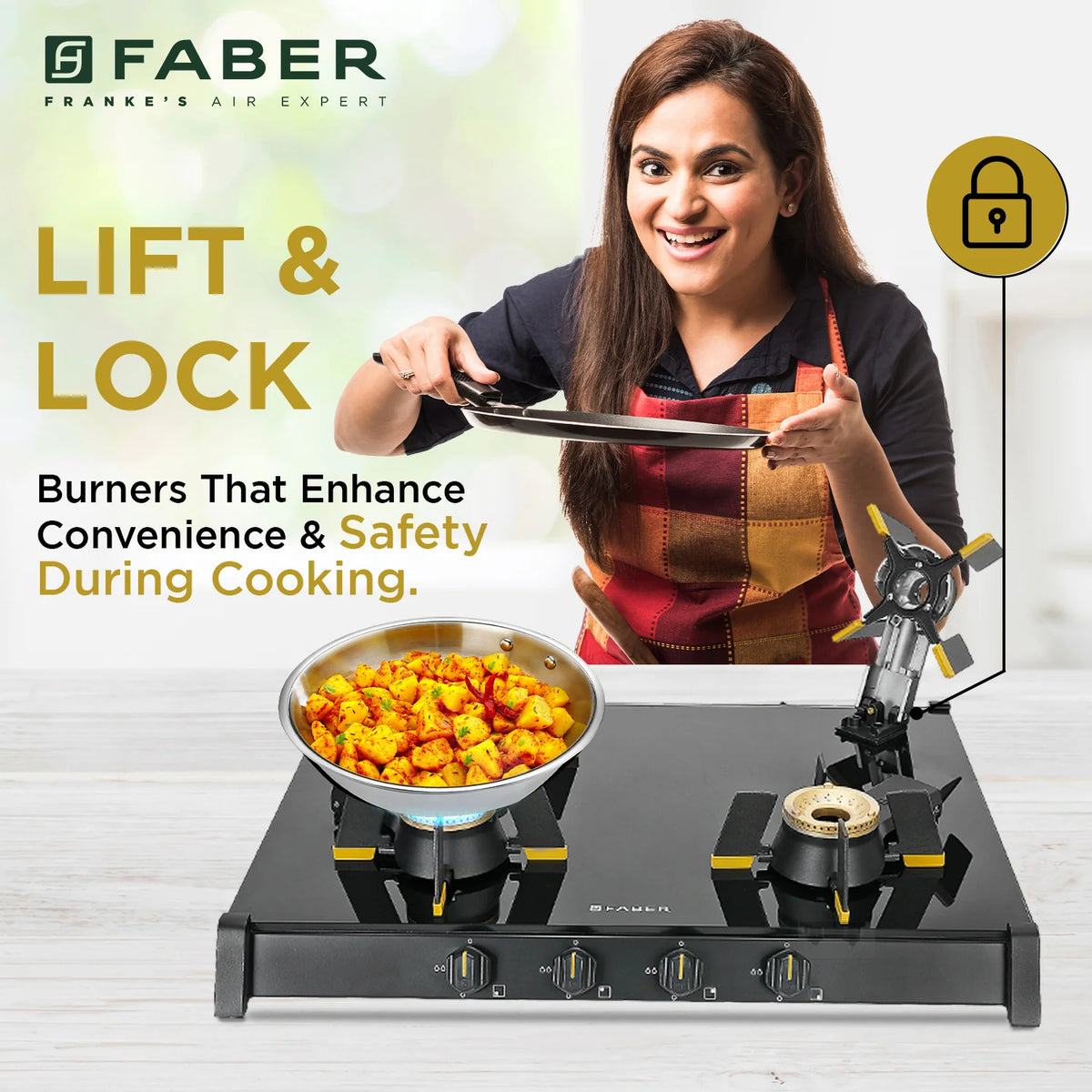 Faber HOB COOKTOP GENIUS 704 BK – 70cm 4 Burner Gas Hob, Brass Burners, Manual Ignition, Black Glass Finish-2