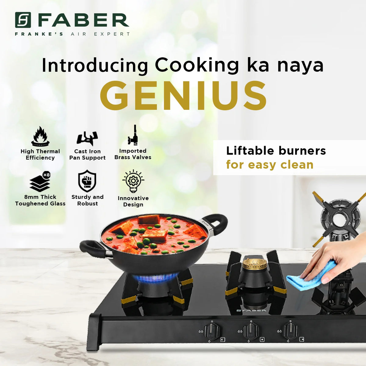Faber HOB COOKTOP GENIUS 753 AI BK – 75cm 3 Burner Gas Hob, Brass Burners, Auto Ignition, Black Glass Finis