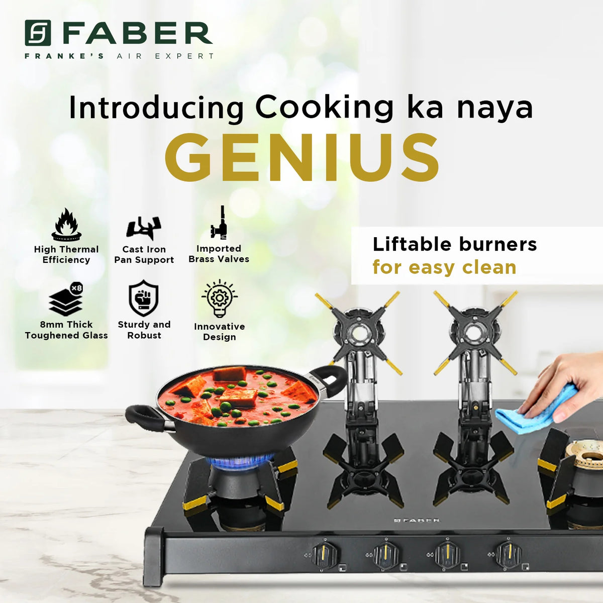 Faber HOB COOKTOP GENIUS 804 AI BK – 80cm 4 Burner Gas Hob, Brass Burners, Auto Ignition, Black Glass Finish-2