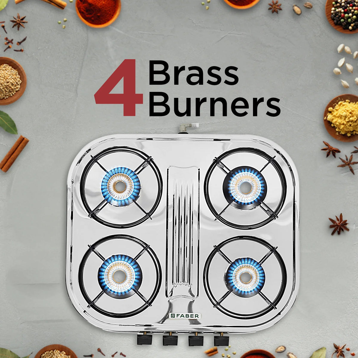 Faber HOB COOKTOP CRYSTAL 4BB SS – 60cm 4 Burner Gas Cooktop, Brass Burners, Stainless Steel Finish, Manual Ignition