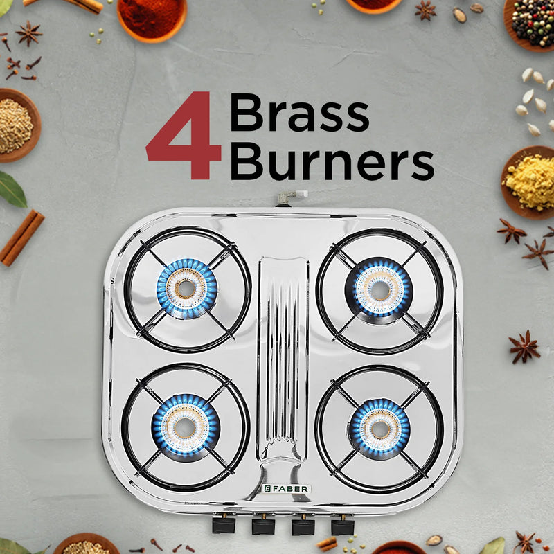 Faber HOB COOKTOP CRYSTAL 4BB SS – 60cm 4 Burner Gas Cooktop, Brass Burners, Stainless Steel Finish, Manual Ignition-2