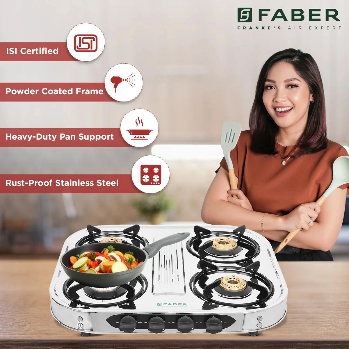 Faber HOB COOKTOP CRYSTAL 4BB SS – 60cm 4 Burner Gas Cooktop, Brass Burners, Stainless Steel Finish, Manual Ignition-6