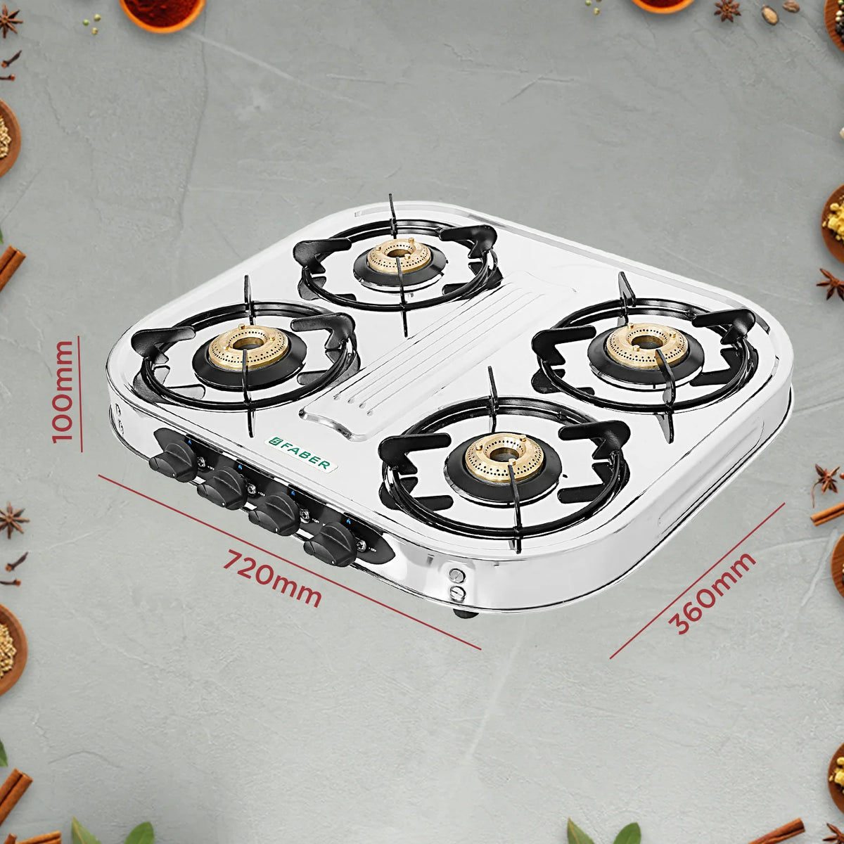 Faber HOB COOKTOP CRYSTAL 4BB SS – 60cm 4 Burner Gas Cooktop, Brass Burners, Stainless Steel Finish, Manual Ignition-12