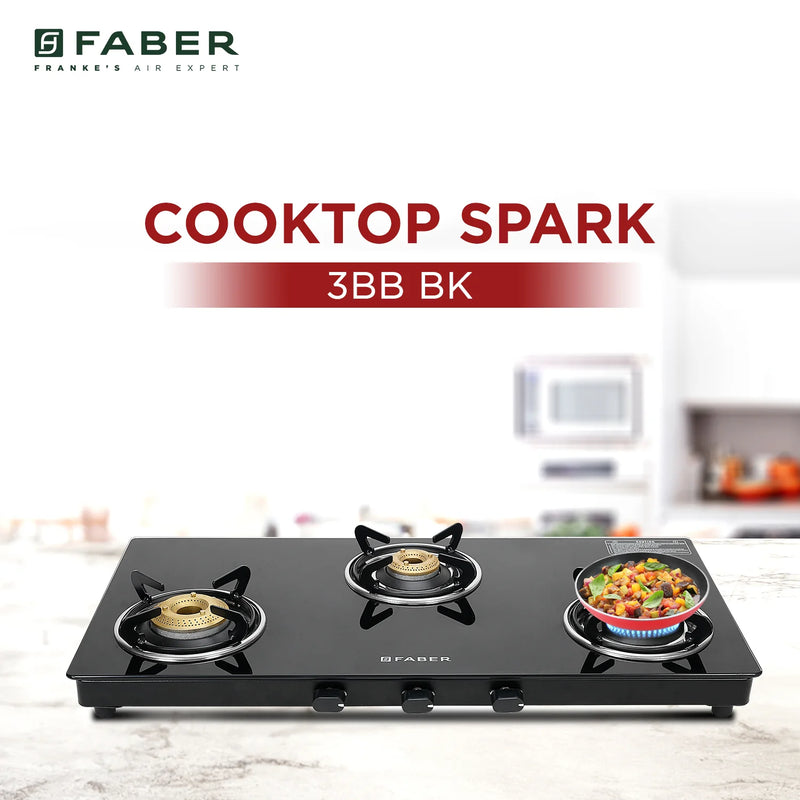 Faber Cooktop Spark 3BB BK – 3 Burner Gas Cooktop with Brass Burners & Jumbo Burner | 6mm Toughened Glass | Manual Ignition-2