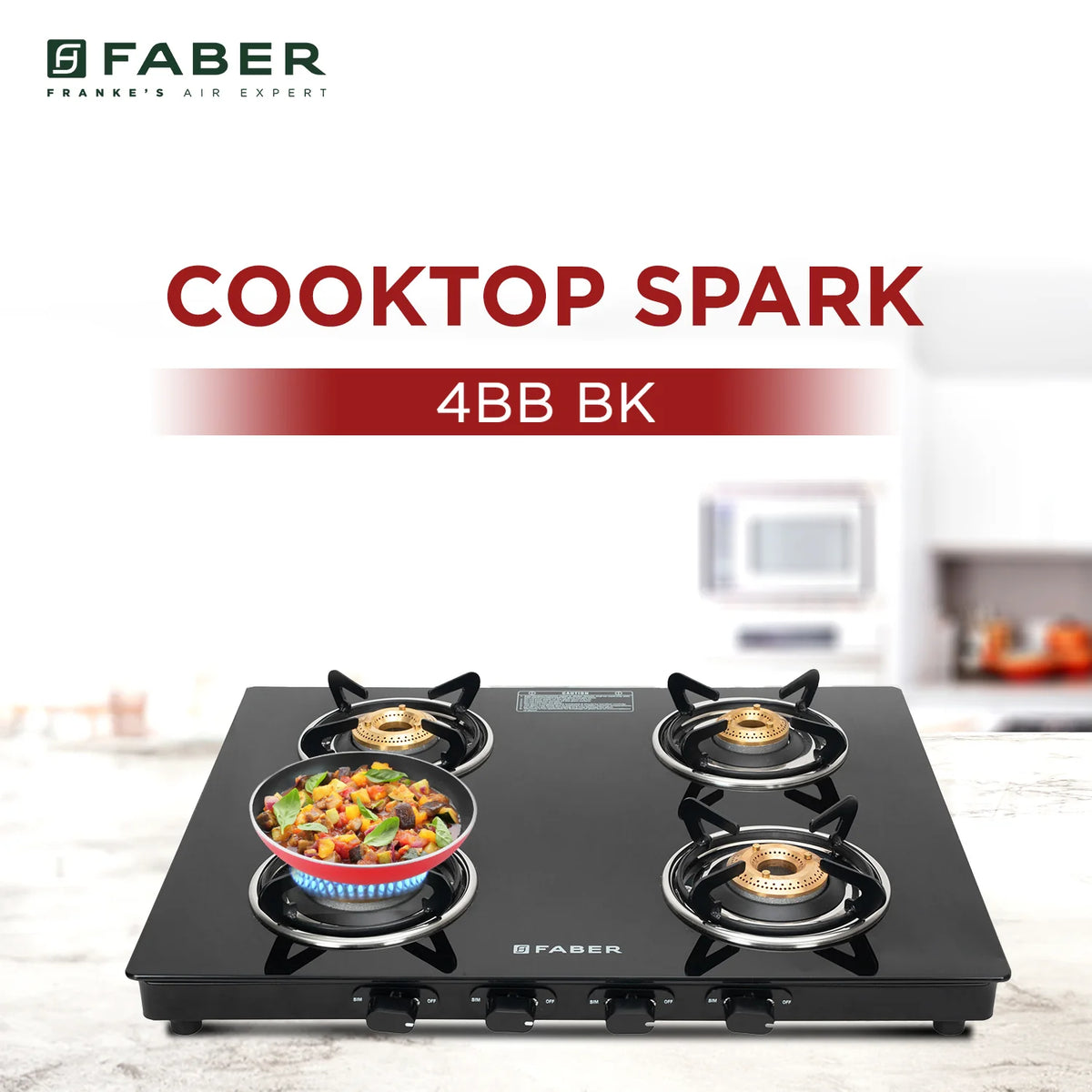 Faber Cooktop Spark 4BB BK – 4 Burner Gas Cooktop with Brass Burners & Jumbo Burner | 6mm Toughened Glass | Manual Ignition