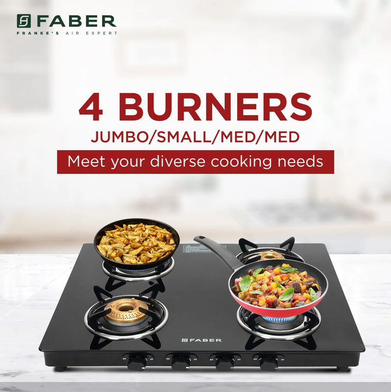 Faber Cooktop Spark 4BB BK – 4 Burner Gas Cooktop with Brass Burners & Jumbo Burner | 6mm Toughened Glass | Manual Ignition-8
