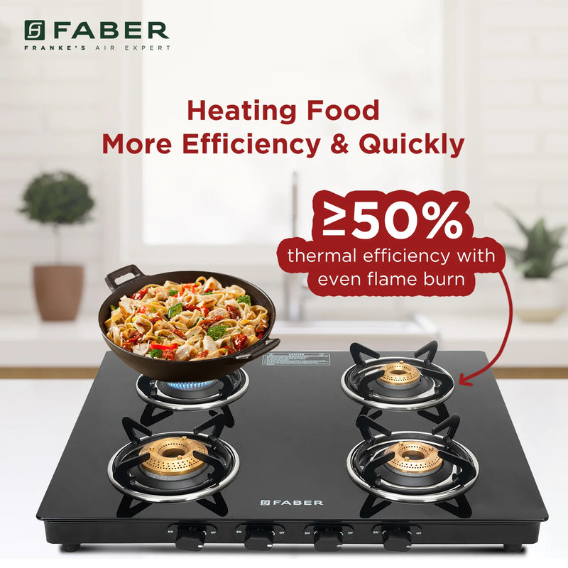 Faber Cooktop Spark 4BB BK – 4 Burner Gas Cooktop with Brass Burners & Jumbo Burner | 6mm Toughened Glass | Manual Ignition-6