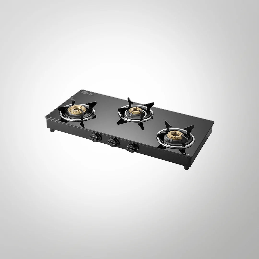 KAFF CTC773B / CTC773BAI 3-Burner Slim Line Brass Gas Cooktop – Black Tempered Glass, Designer Knobs, Auto Ignition, 77cm-1
