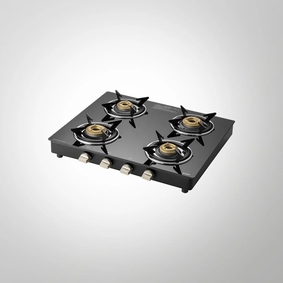 KAFF CTE584B 4-Burner High Efficiency Brass Gas Cooktop – Black Tempered Glass, Manual Ignition, Designer Metal Knobs, 58cm