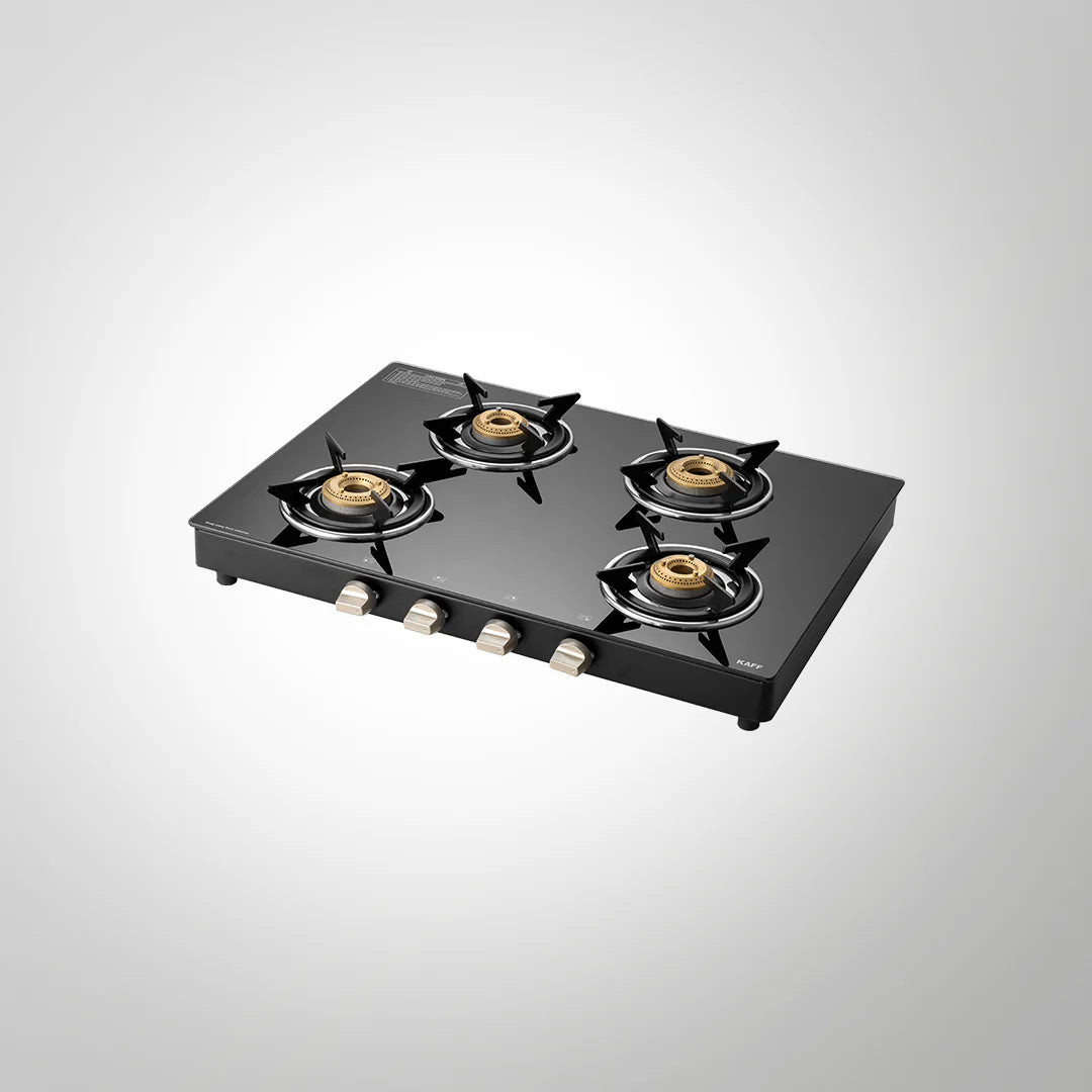 KAFF CTE694B 4-Burner High Efficiency Brass Gas Cooktop – Black Tempered Glass, Manual Ignition, Designer Metal Knobs, 69cm-1