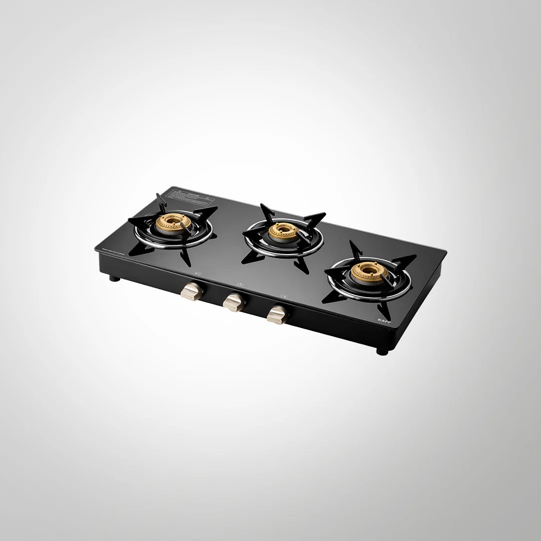 KAFF CTE713B 3-Burner High Efficiency Brass Gas Cooktop – Matte Black Tempered Glass, Manual Ignition, Designer Metal Knobs, 71cm