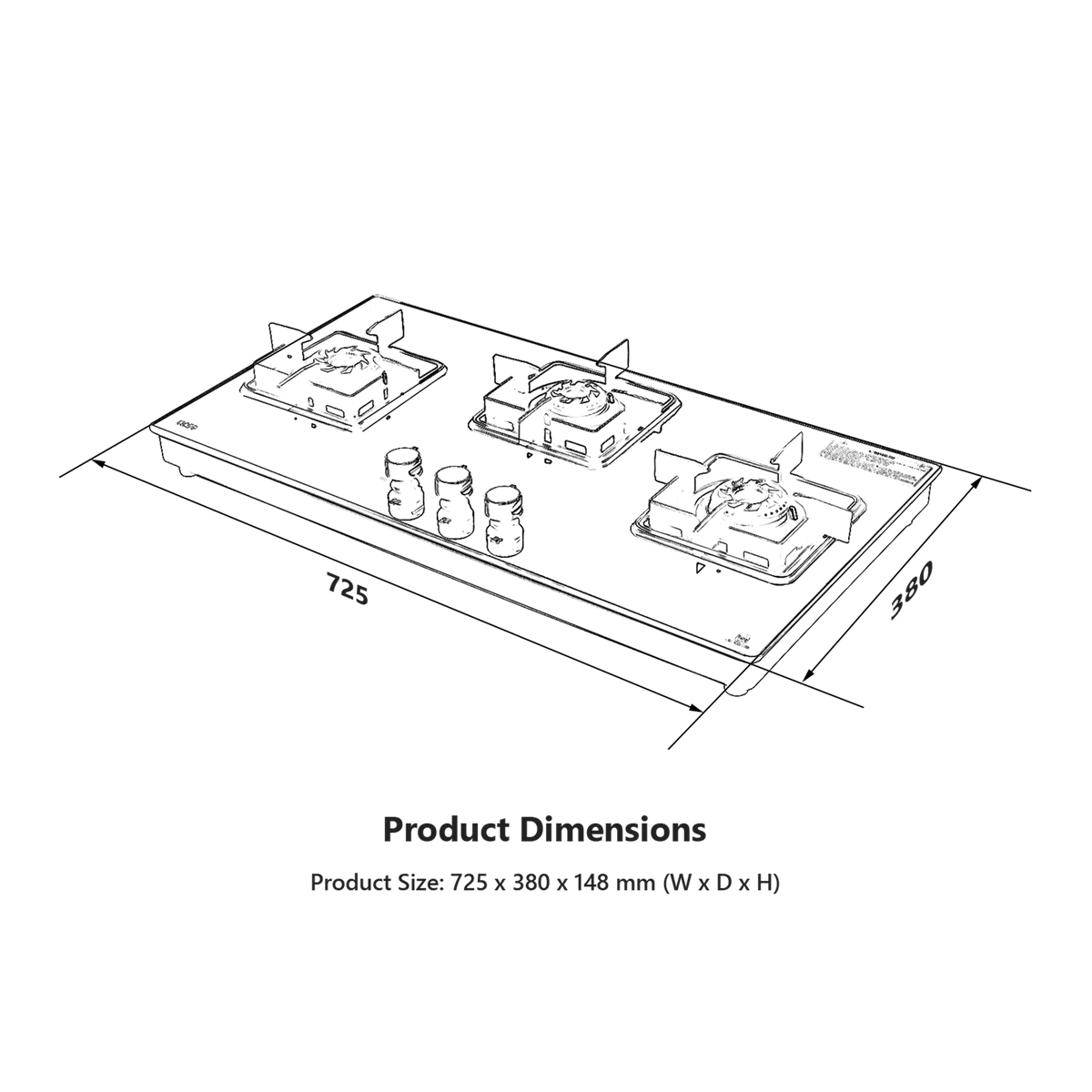 KAFF CTS 71 3B AI 3-Burner Gas Cooktop – Black Tempered Glass, Auto Ignition, Stainless Steel Square Drip Tray, 71cm-7