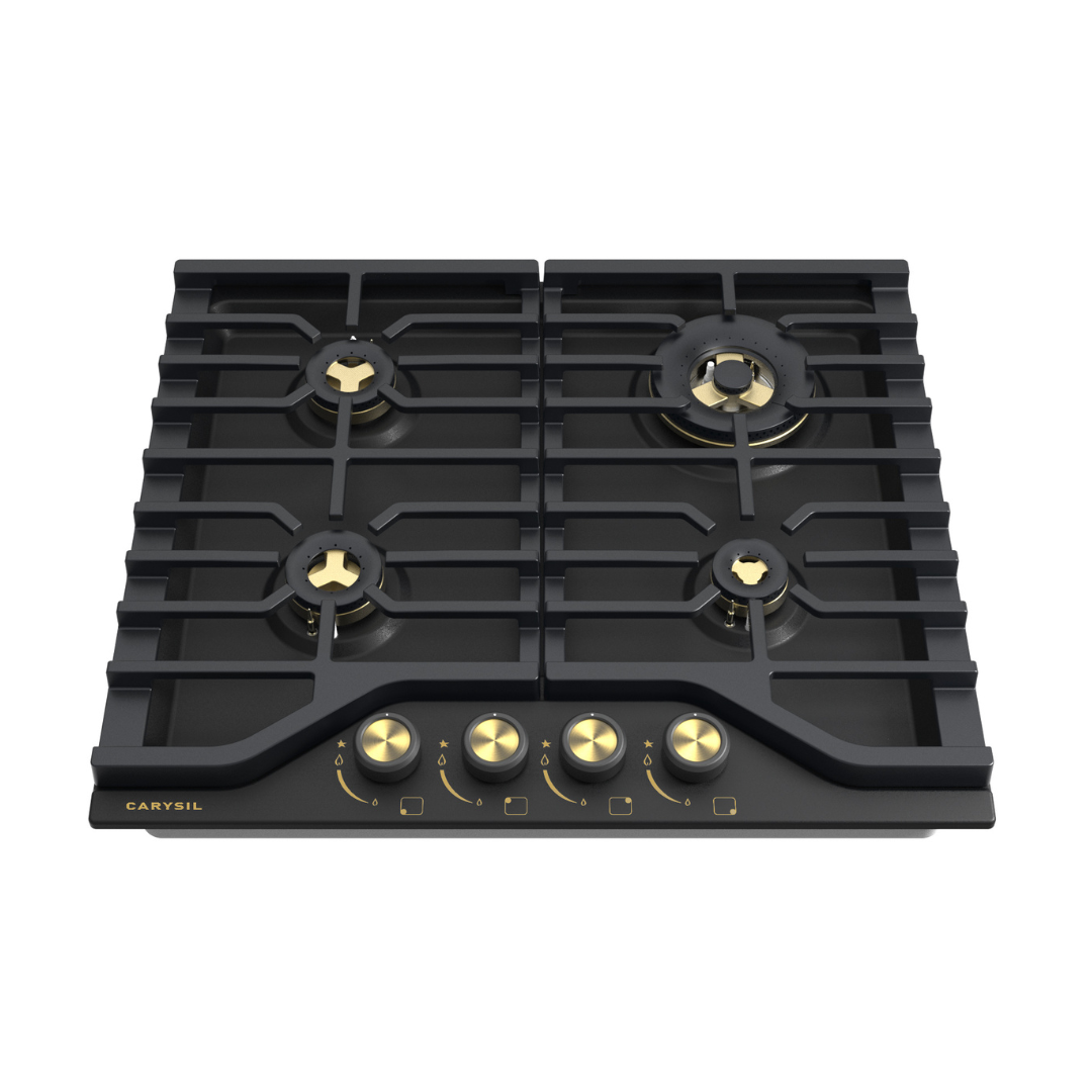 Carysil Built-In Gas Hob CX HOBS 60-4 – 4 Burner Hob, Wok Burner 3.8kW, Full Brass Burners, Cast Iron Pan Support, FFD Safety Device, Auto Electric Ignition, 60cm Black Matt Finish