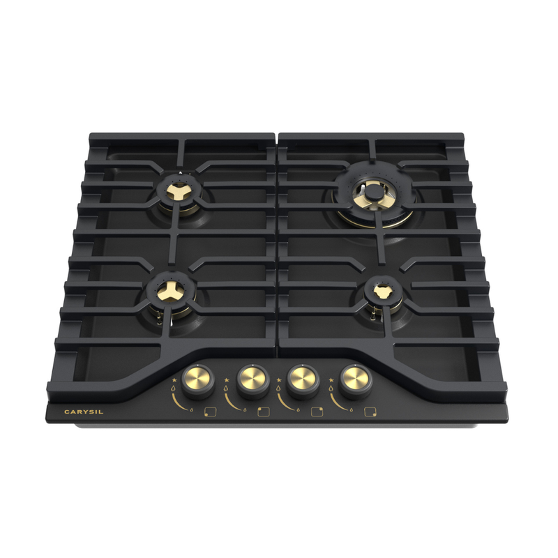 Carysil Built-In Gas Hob CX HOBS 60-4 – 4 Burner Hob, Wok Burner 3.8kW, Full Brass Burners, Cast Iron Pan Support, FFD Safety Device, Auto Electric Ignition, 60cm Black Matt Finish-1