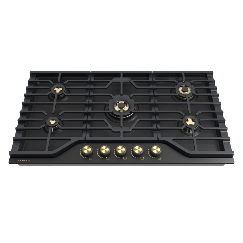 Carysil CX HOBS 90-5 Built-in Gas Hob | 90 cm 5 Burner | Full Brass Burners | Cast Iron Pan Support | Auto Ignition | FFD Safety | Matte Black Finish-1