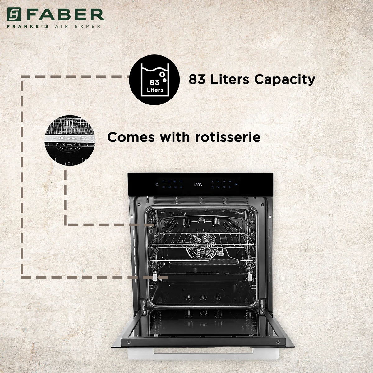 Faber FBIO 83L 15F BK Built-in Oven – 83L Semi-Transparent Black Glass, 15 Cooking Functions, Sensor Touch Control, 3D Hot Air Circulation, Energy Efficient-4