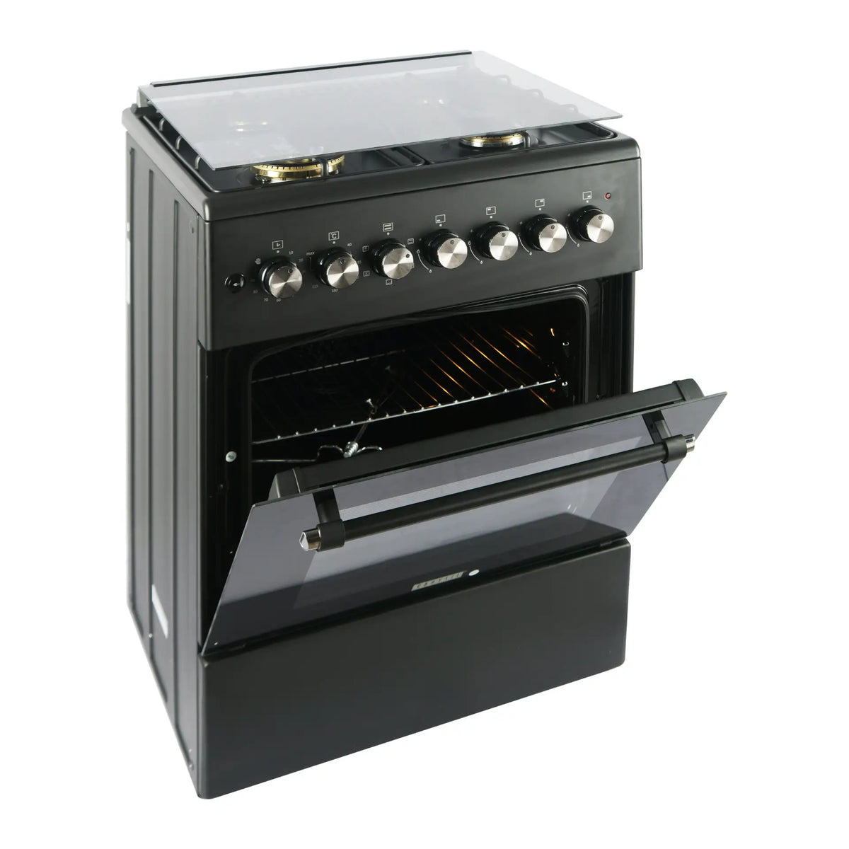 Carysil Free-Standing Cooking Range FSCR-04 – 62L Electric Oven, 4 SABAF Gas Burners, Cast Iron Pan Support, Digital Timer, Stainless Steel Black Finish, 4-Burner Cooking Range