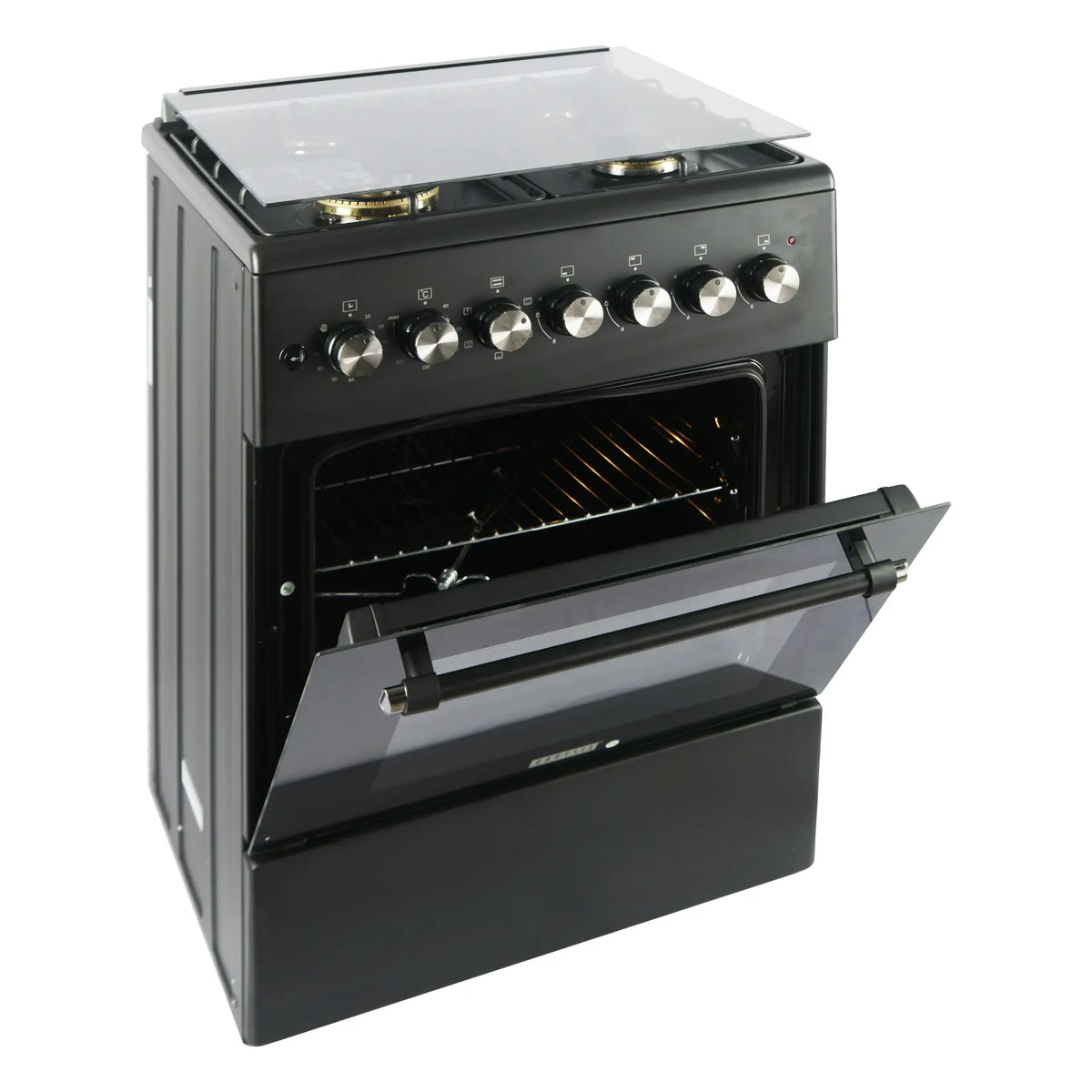 Carysil Free-Standing Cooking Range FSCR-04 – 62L Electric Oven, 4 SABAF Gas Burners, Cast Iron Pan Support, Digital Timer, Stainless Steel Black Finish, 4-Burner Cooking Range